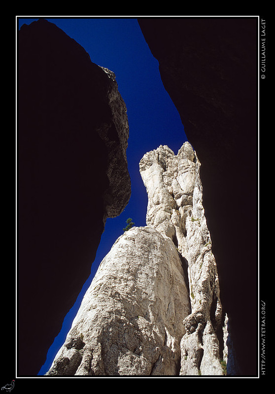 Mont Aiguille : Depuis la faille du Rappel du Pin, à la fin de la voie de descente, vue générale sur la Tour des Gémaux 
