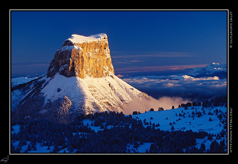 Mont Aiguille : Depuis les Hauts-Plateaux, juste après la chute de quelques centimètres de neige, la silhouette du sommet émerge des brumes matinales
 
